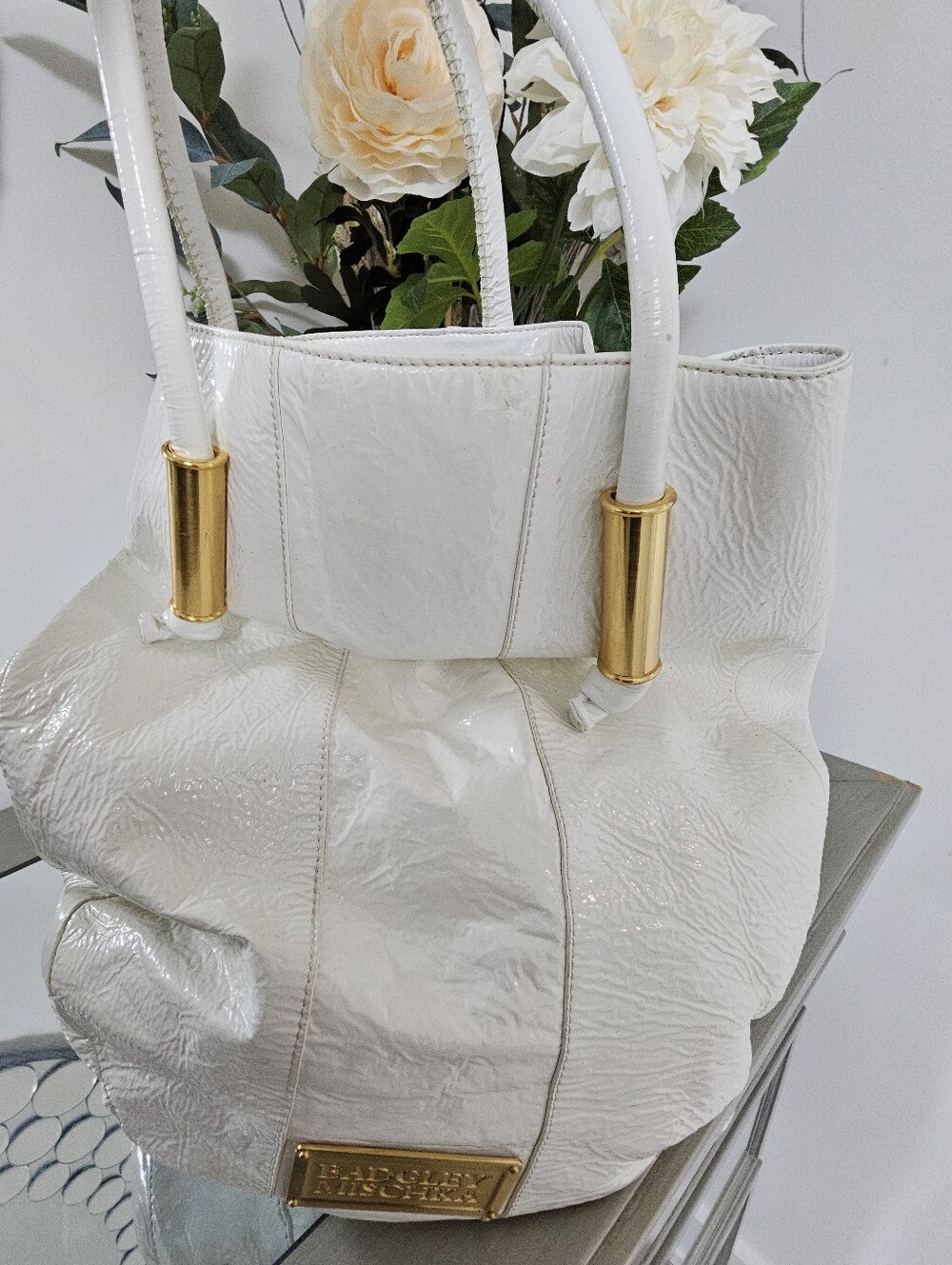 Badgley Mischka White Patent Shoulder Bag with Gold Hardware